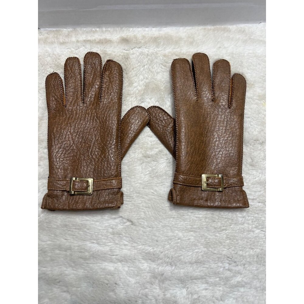 Brown Leather Gloves With Buckle Closure women size Large